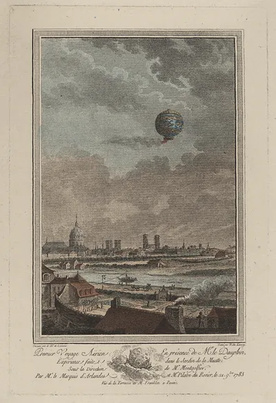 Premier Voyage Aérien: hot-air balloon over a city, 1783