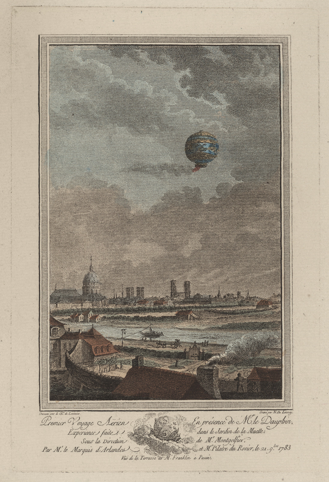 Premier Voyage Aérien: hot-air balloon over a city, 1783 — historic image