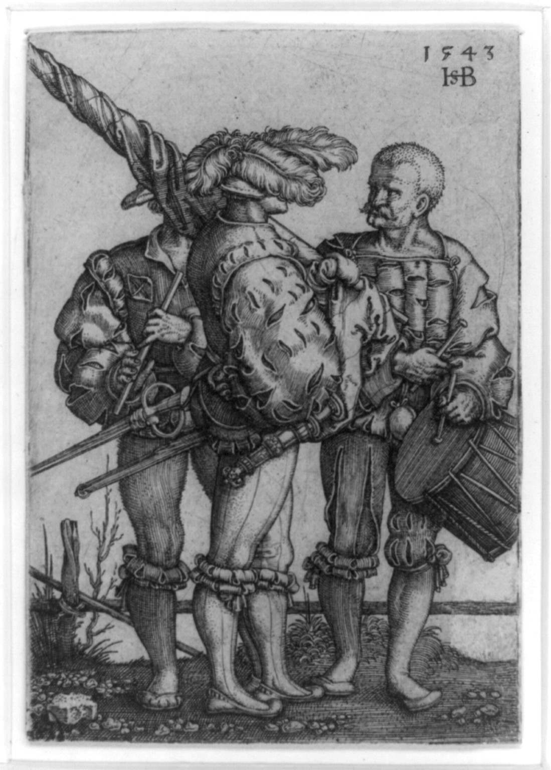 Ensign, drummer and piper — antique engraving