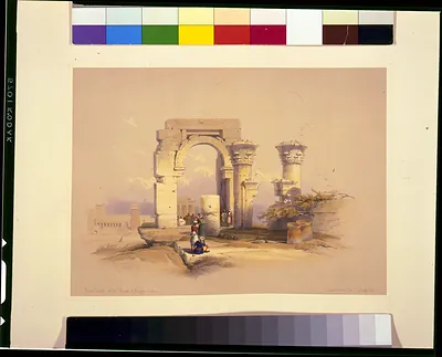 Hand-colored lithograph of ruined arch and columns with figures