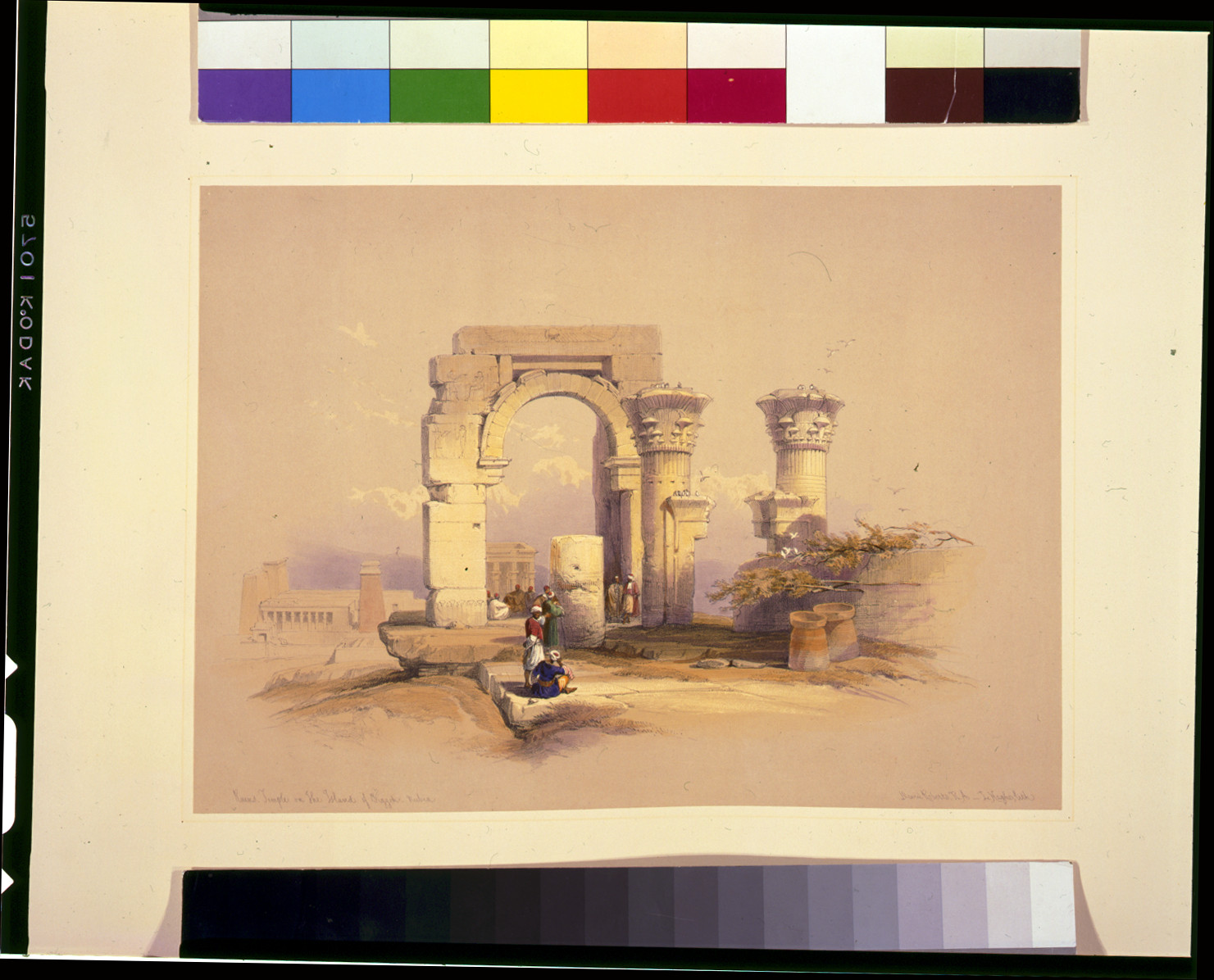 Hand-colored lithograph of ruined arch and columns with figures — antique lithograph