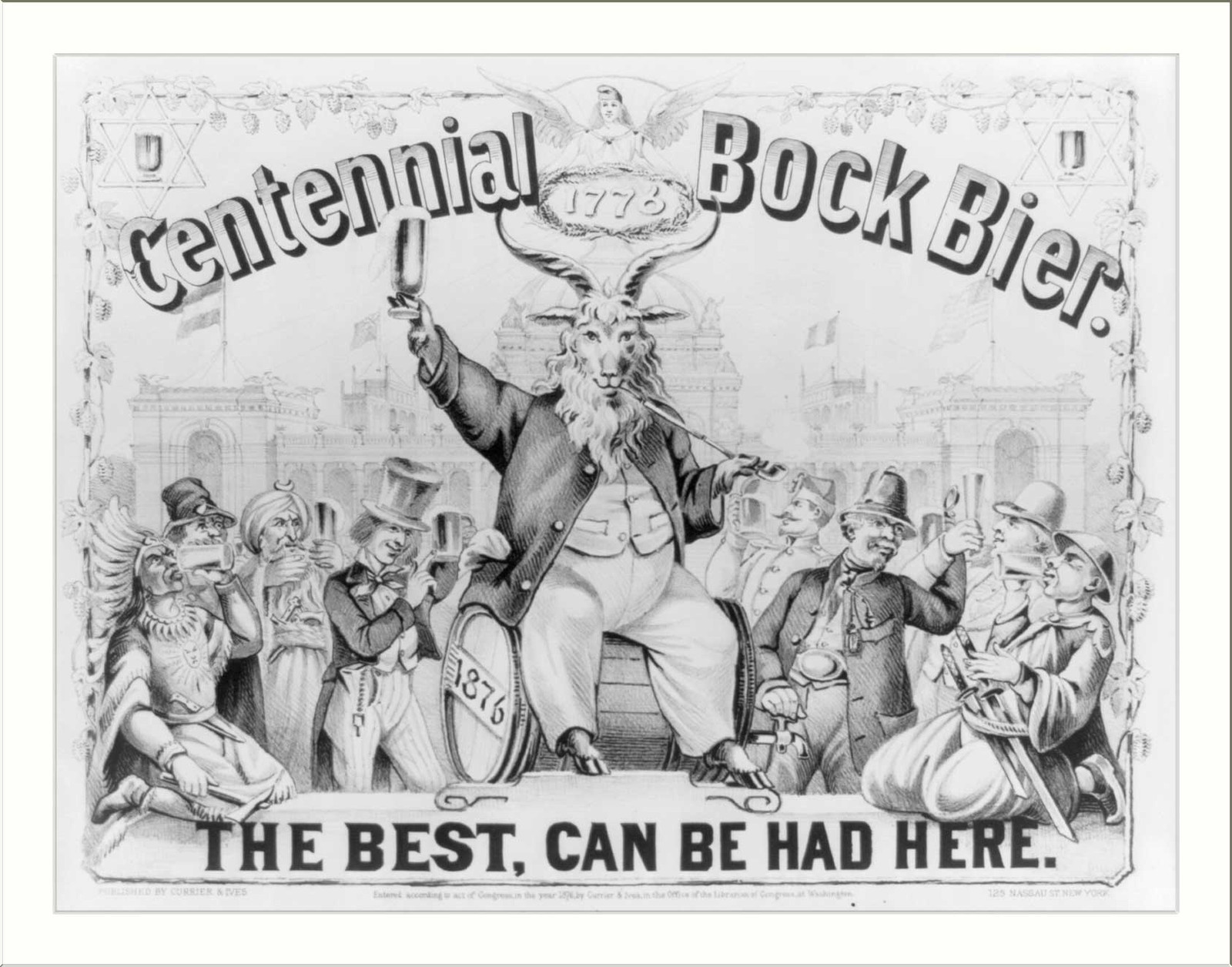 Centennial Bock Bier: The best can be had here, [New York] : Currier & Ives, 1876. — antique lithograph