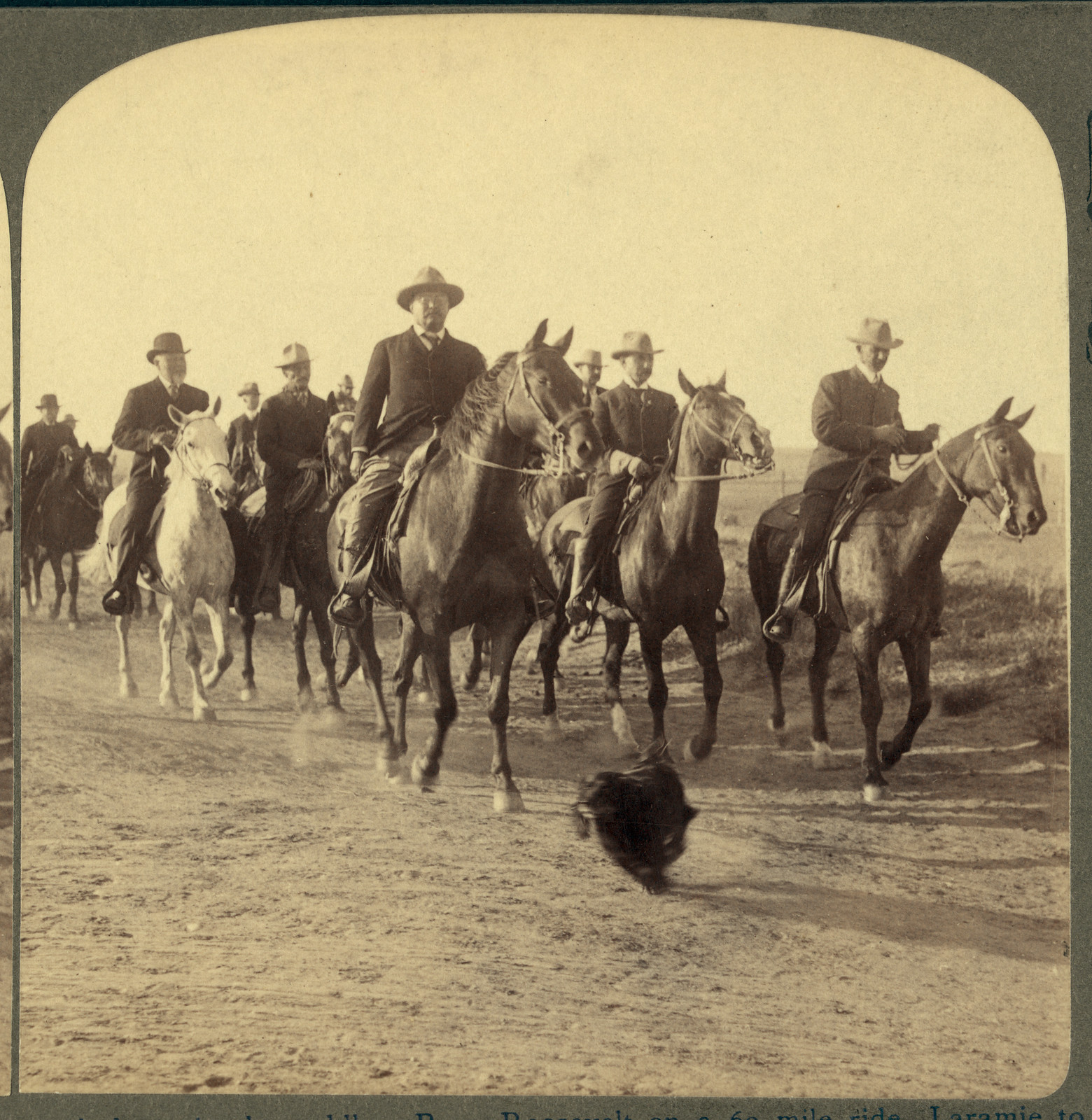 Horseback riders on a dirt road, Roosevelt's 60-mile ride — historic image