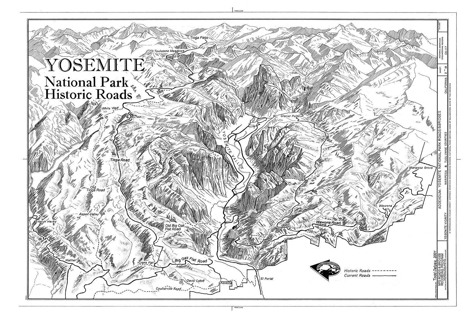 Yosemite National Park Historic Roads bird's-eye map — antique map