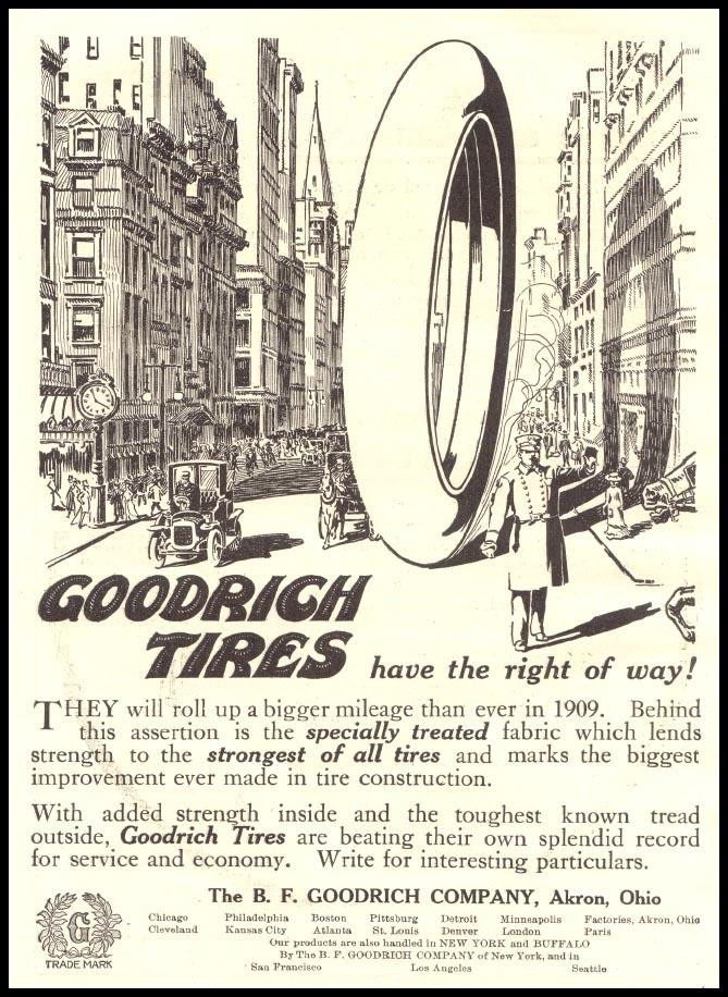 Goodrich Tires advertisement: tire has the right of way — historic image