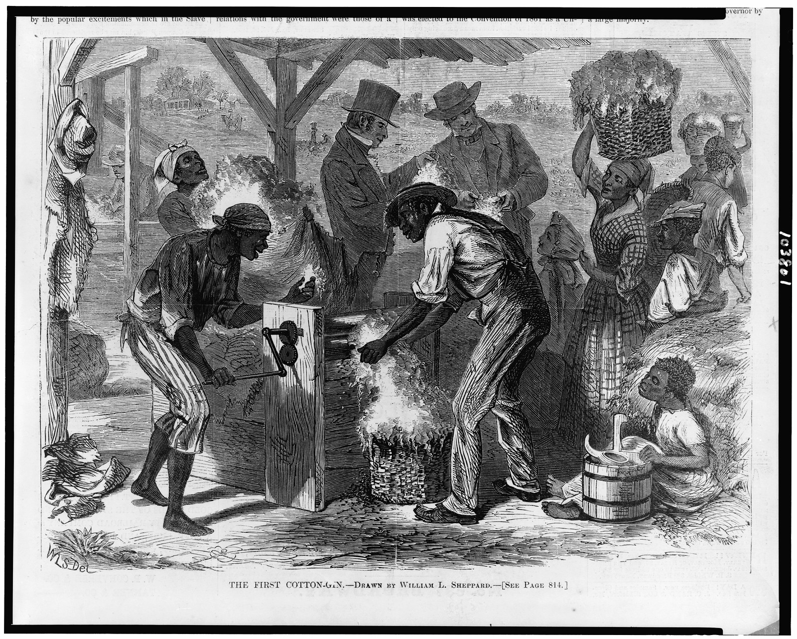 The First cotton-gin / drawn by William L. Sheppard., 1869 Dec. 18. — antique engraving