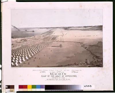 Birds-eye view of the camp of the army of occupation, commanded by Genl. Taylor, near Corpus Christi, Texas, (from the North) Oct. 1845 / D.P. Whiting, Capt. 7th Inf. del. ; on stone by C. Parsons.