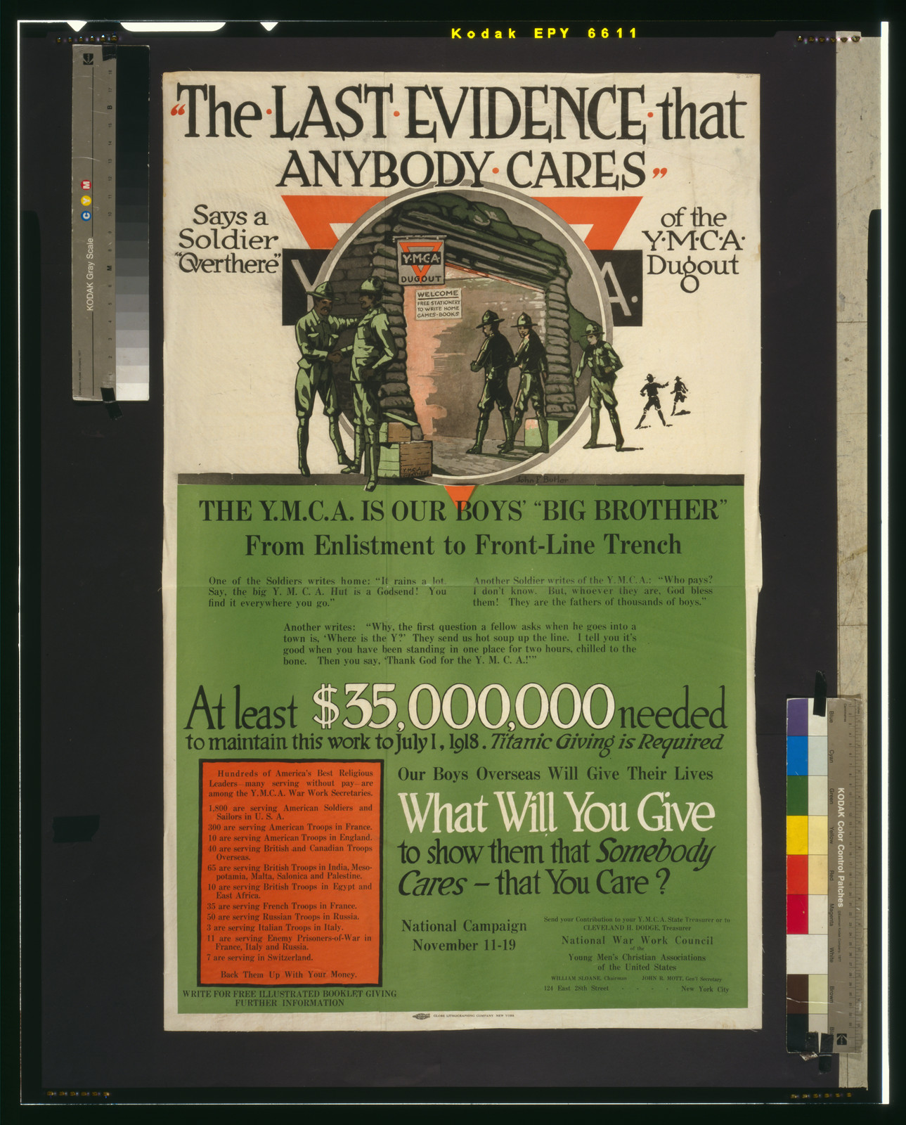 The last evidence that anybody cares" says a soldier "over there" of the Y.M.C.A. dugout The Y.M.C.A. is our boys' "Big Brother" [...] What will you give to show them that somebody cares - that you care?/ John F. Butler ; Globe Lithographing Company, [1917] — vintage poster