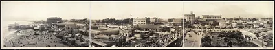 Panoramic view of a seaside resort with pier and crowded beach