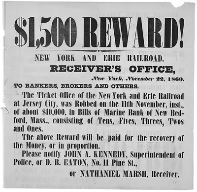 $1,500 Reward! New York and Erie Railroad Receiver's Office