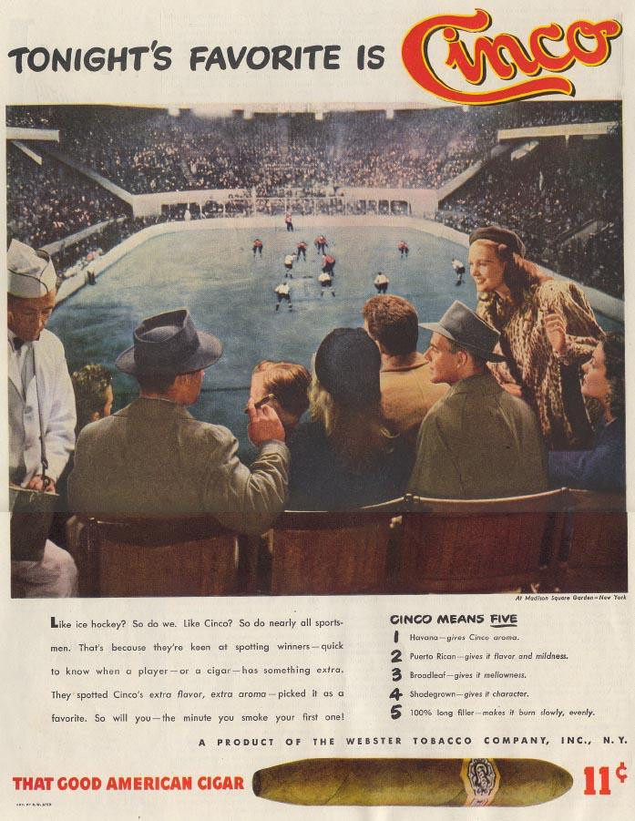 Tonight's Favorite Is Cinco cigar advertisement, Madison Square Garden hockey — historic image
