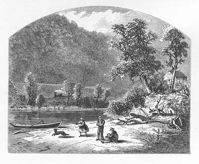 Fishermen and rowboat on a riverbank below wooded hills