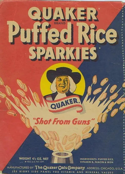 Quaker Puffed Rice Sparkies cereal box with 'Shot From Guns' text