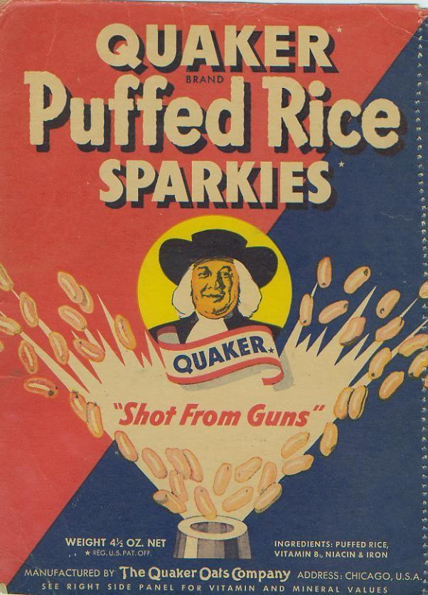 Quaker Puffed Rice Sparkies cereal box with 'Shot From Guns' text — historic image