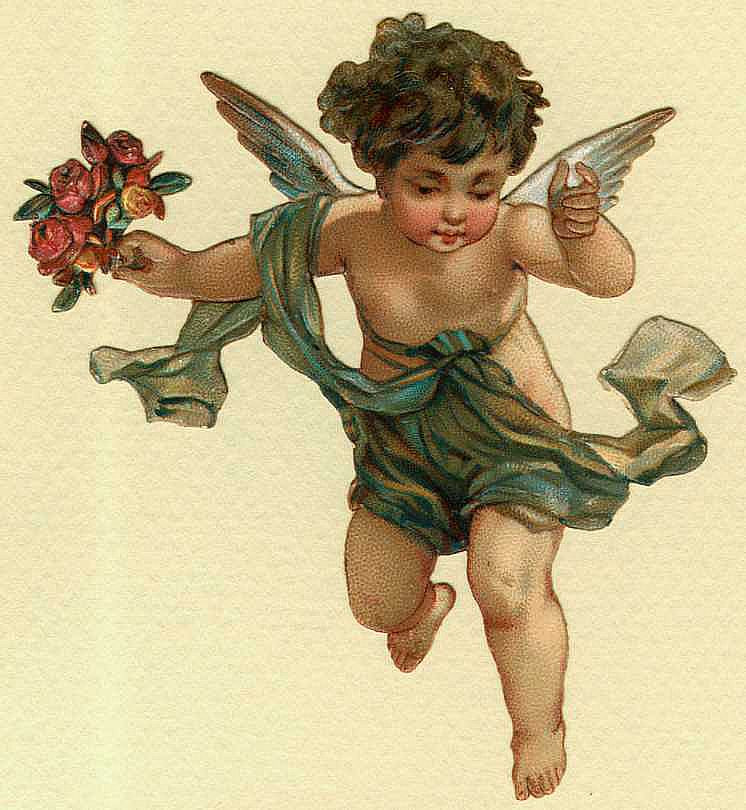 Winged cherub with green drapery holding roses — historic image