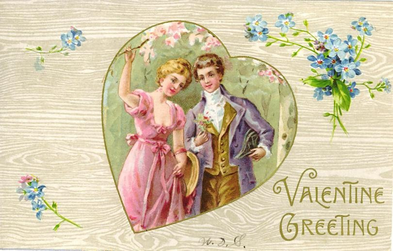 Valentine Greeting card with couple in a heart — historic image