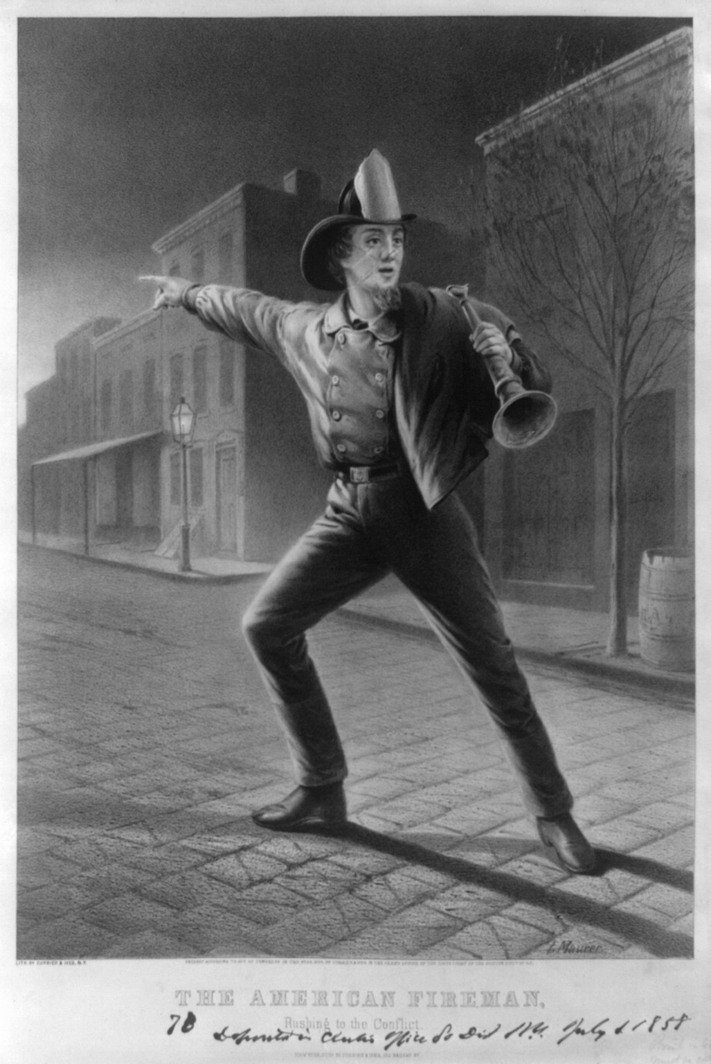 The American fireman: rushing to the conflict, [New York] : Currier & Ives, 1858. — antique lithograph