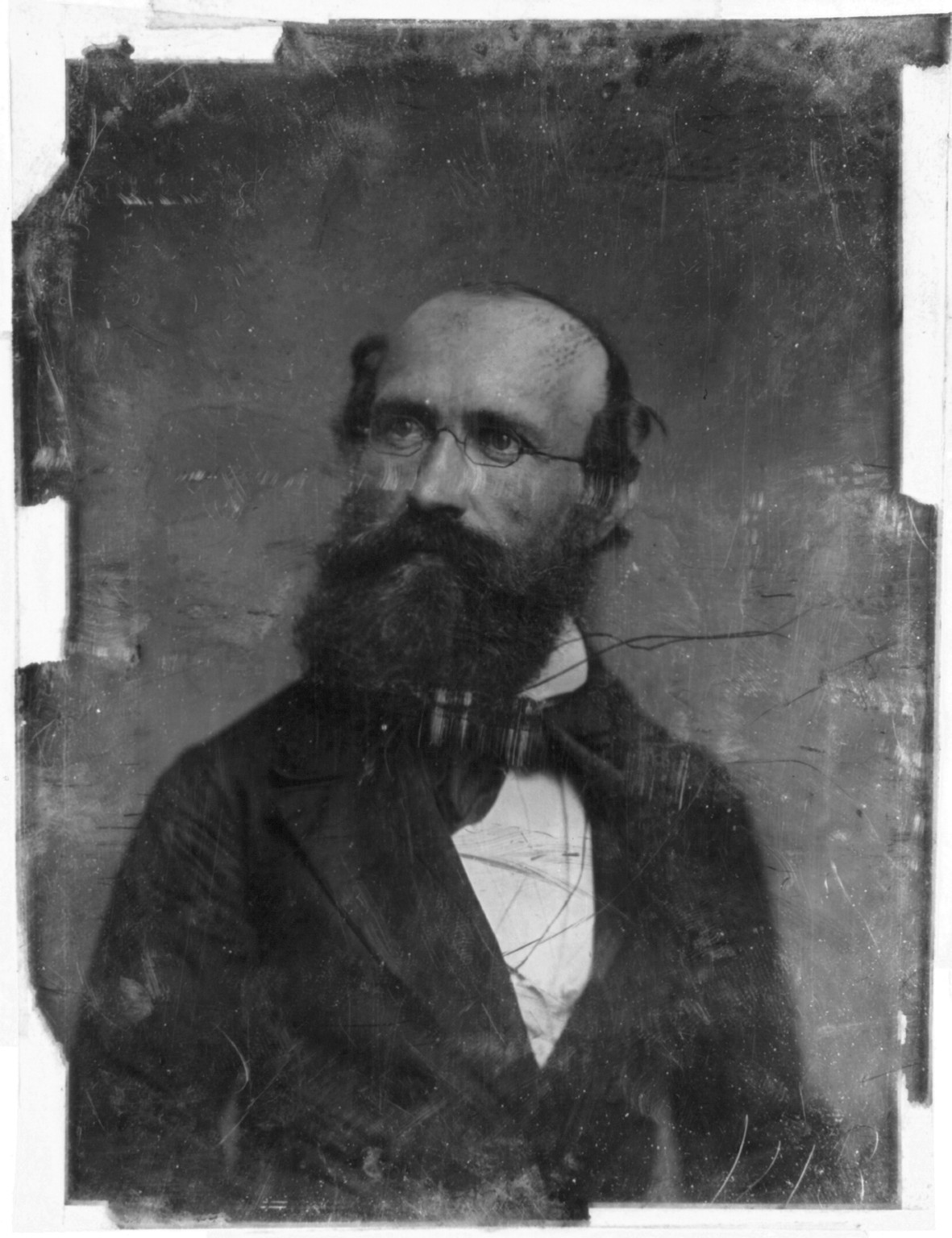 Portrait of a bearded man with spectacles, early photograph, 1844 — historic photograph