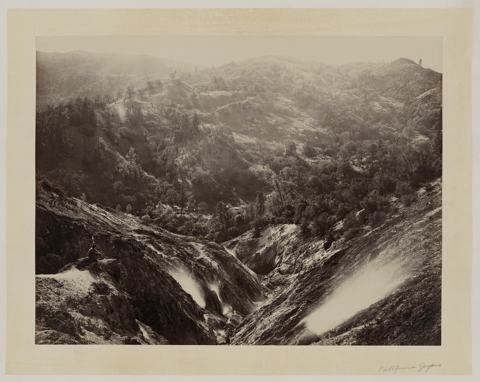 Devil's Canyon, geysers, looking down, [ca. 1868] — historic photograph