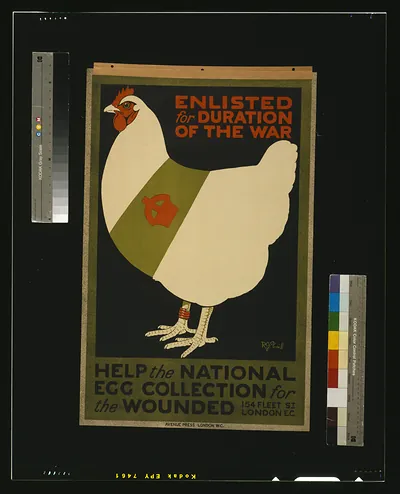 Enlisted for duration of the war. Help the national egg collection for the wounded / R.G. Praill ; Avenue Press, London W.C.
