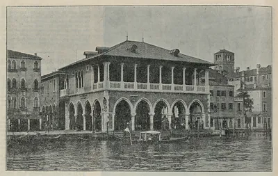 Fish market arcade beside a canal with a gondola