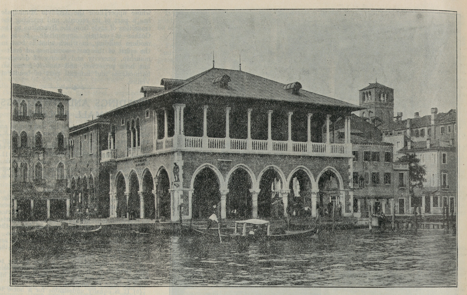 Fish market arcade beside a canal with a gondola — historic image