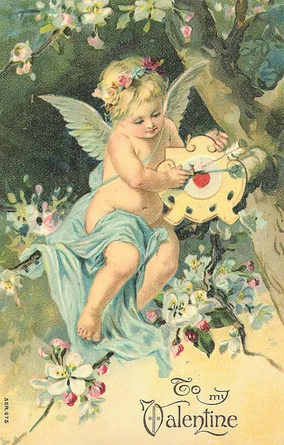 To my Valentine: cherub with bow and heart shield, blossoms