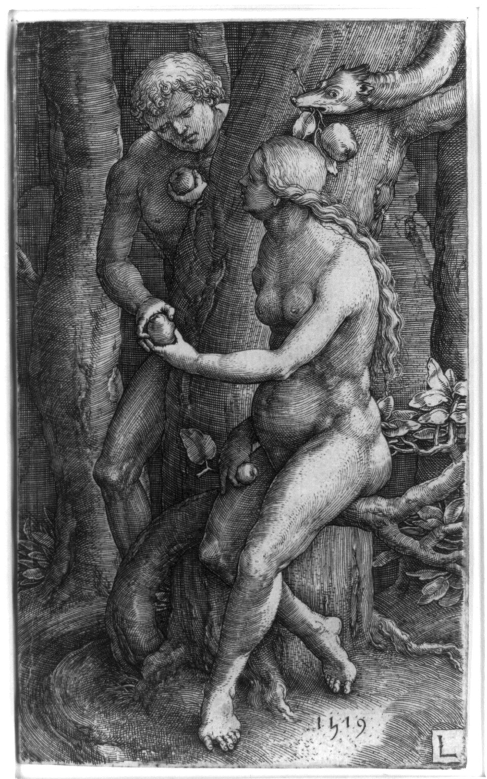 Adam and Eve; or The Fall of Man, 1519 — antique engraving