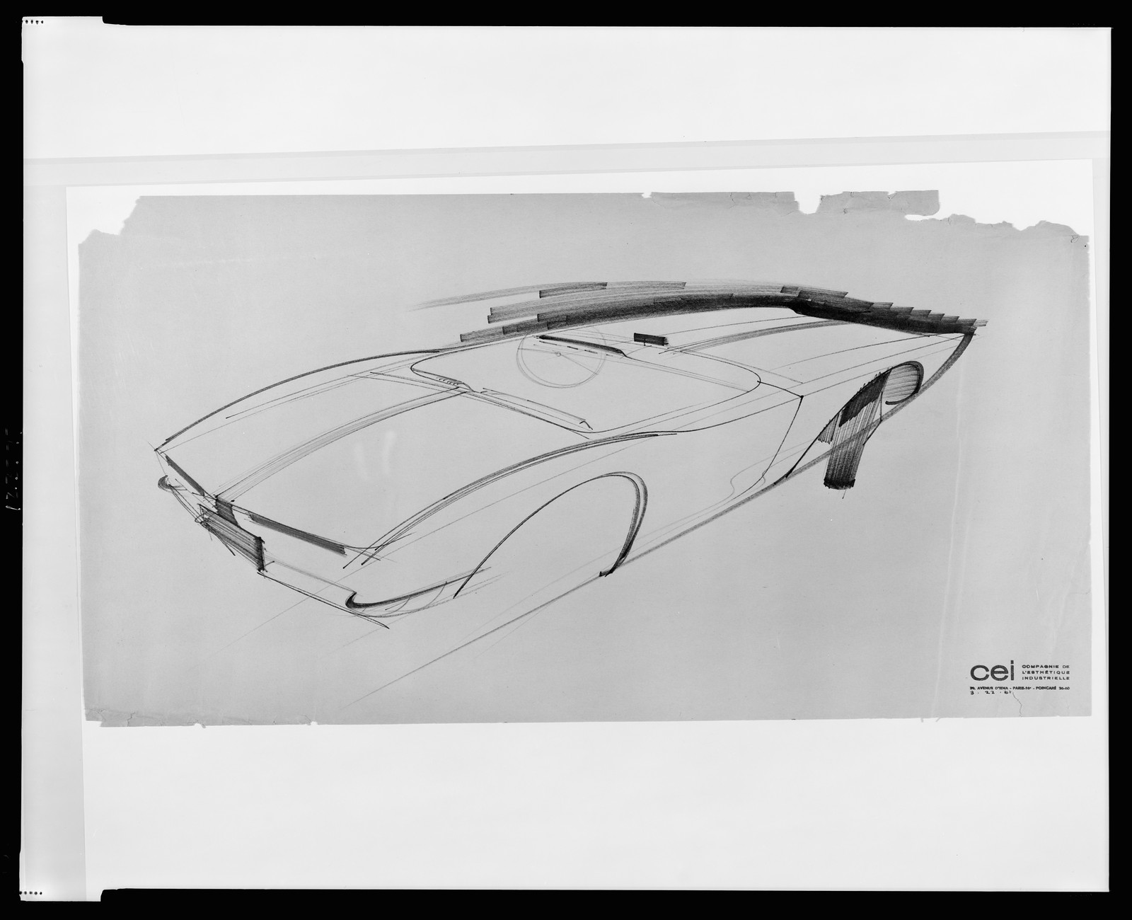 [Design drawing for Avanti automobile, rear view from passenger's side], [19]61. — historic drawing