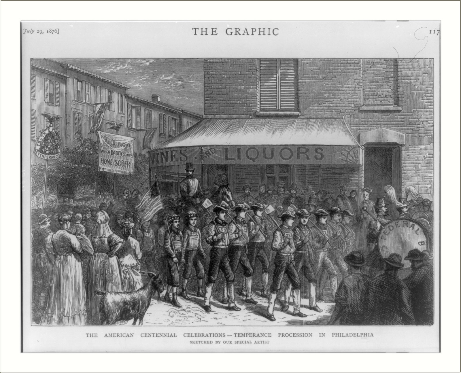 The American Centennial celebrations - Temperance procession in Philadelphia — antique engraving