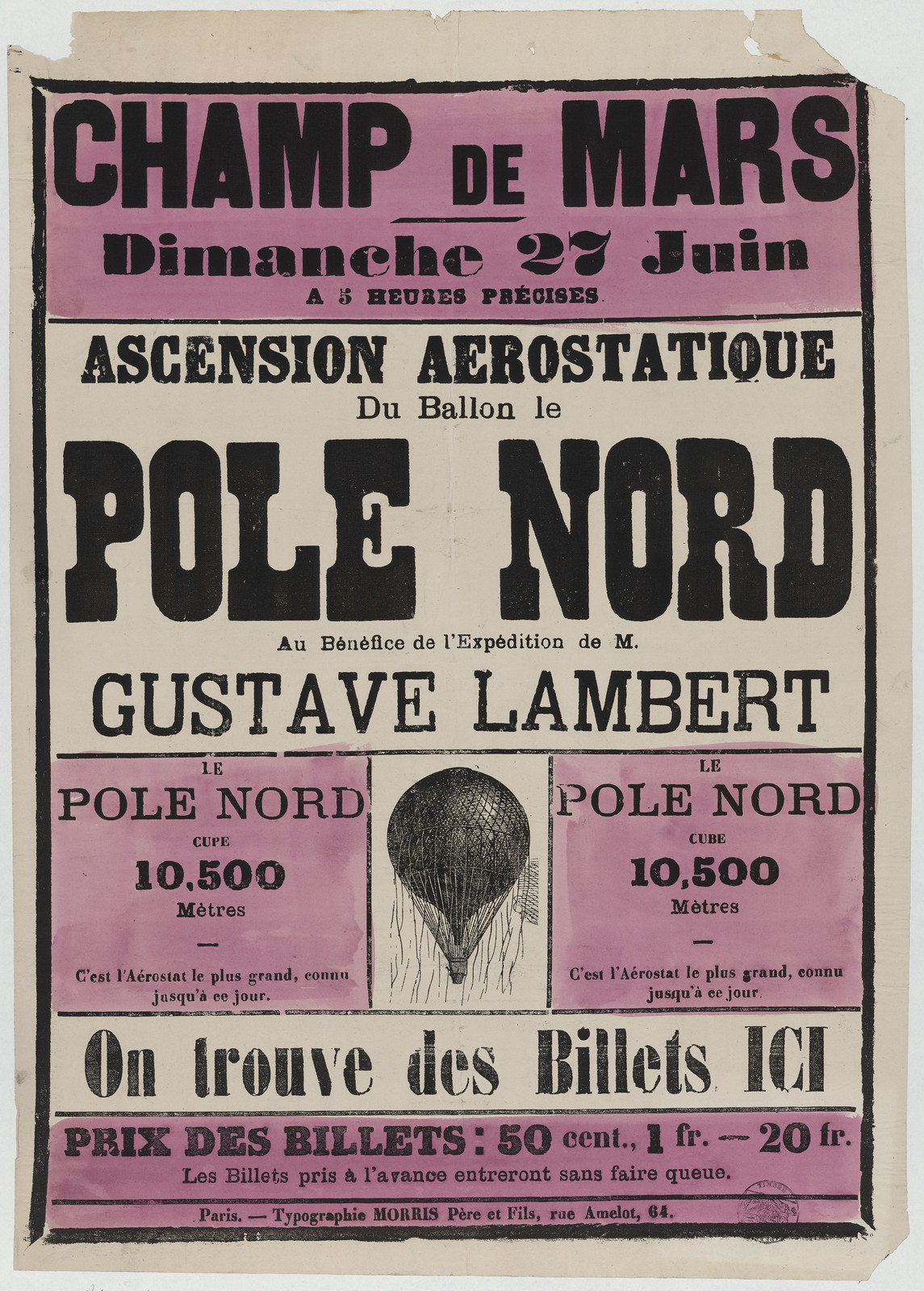 Champ de Mars balloon ascent poster, Pole Nord, Gustave Lambert — vintage poster