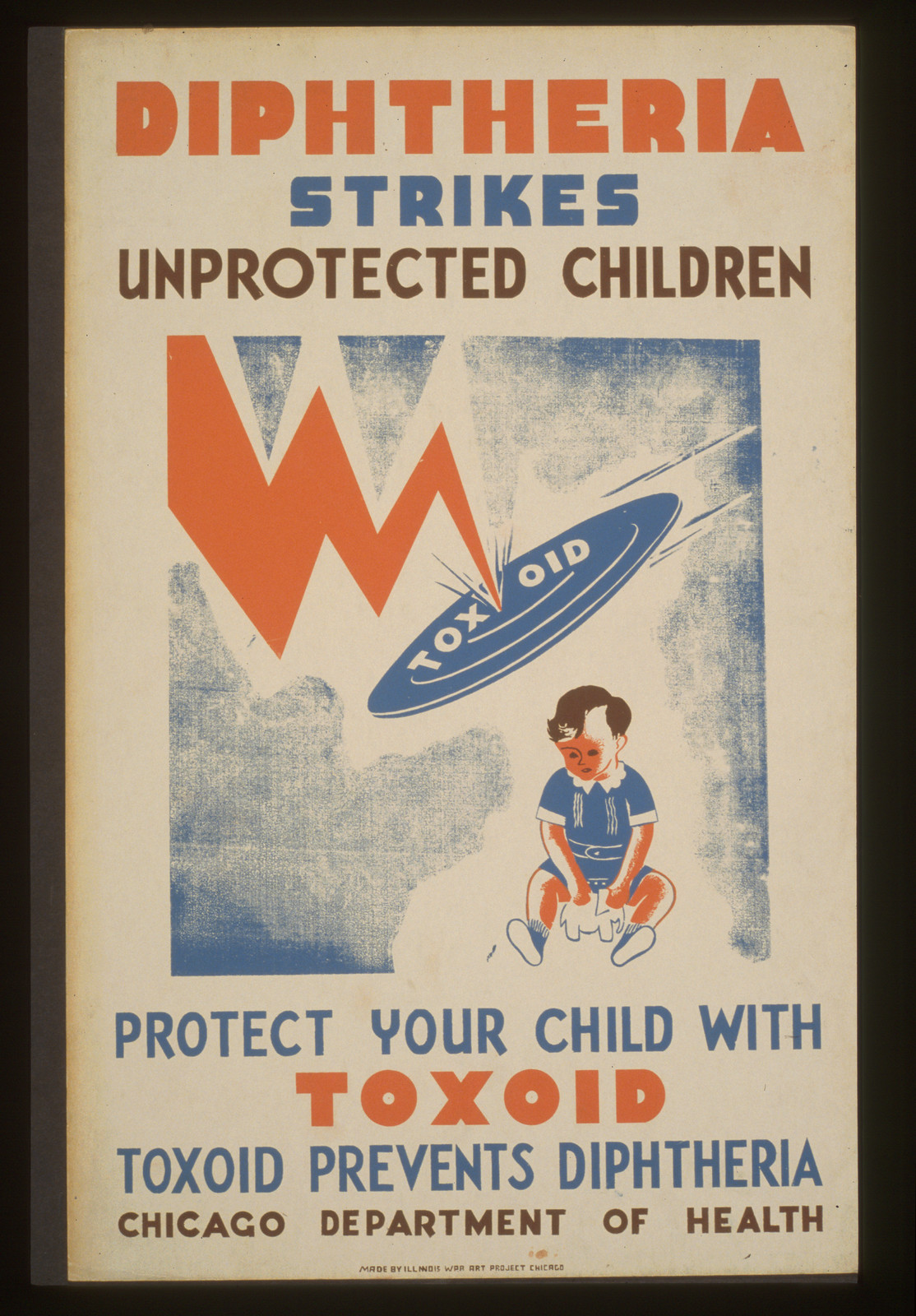 Diphtheria strikes unprotected children Protect your child with toxoid--Toxoid preven, 1936 — vintage poster