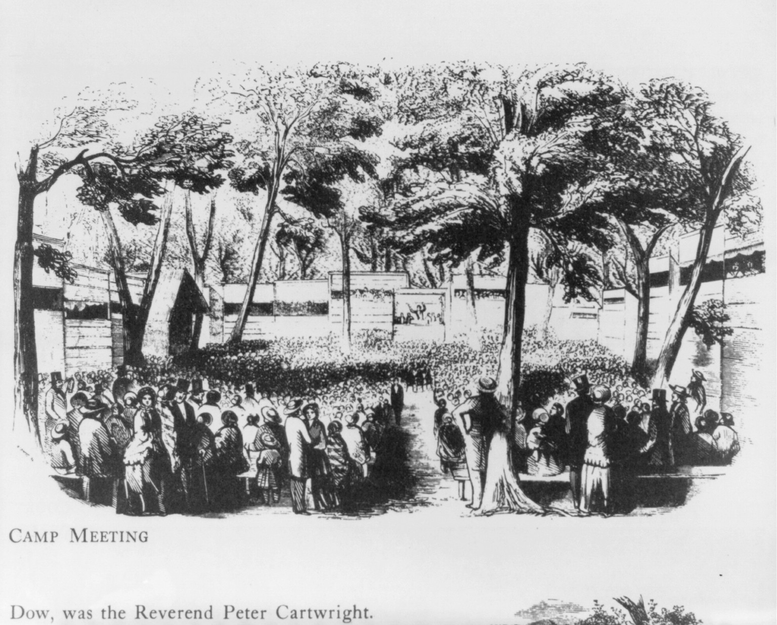 Camp Meeting [outdoor revival meeting], [no date recorded on caption card] — antique engraving