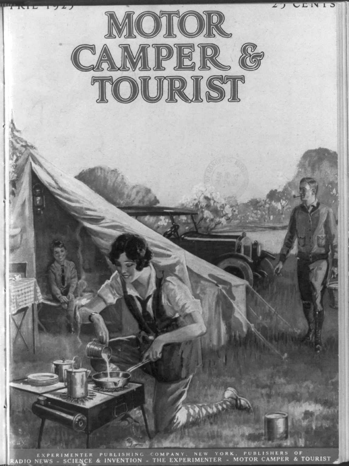 [Family camping beside auto; woman cooking on portable stove in foregrd.], 1925 — historic print