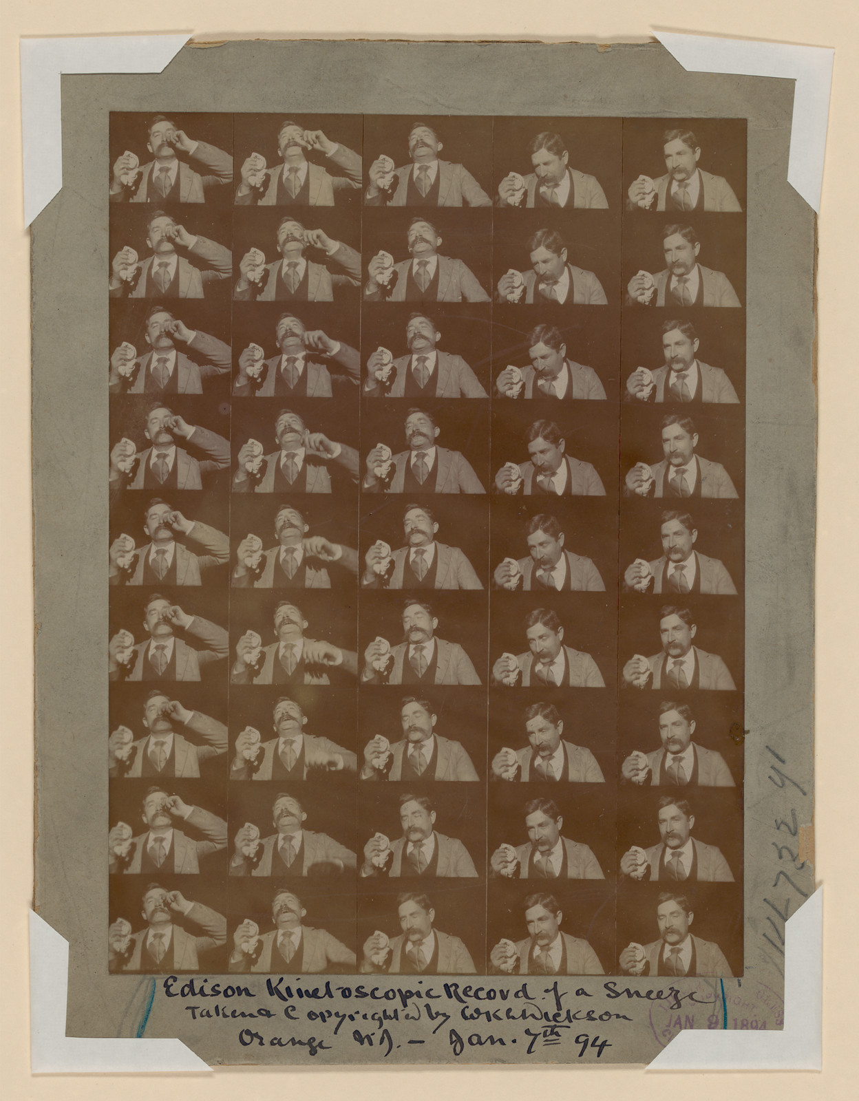 Edison Kinetoscopic Record of a Sneeze, 1894 contact sheet — historic image