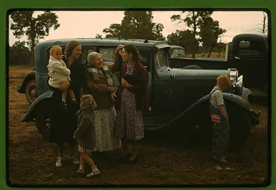 Women and children gathered beside a vintage blue truck