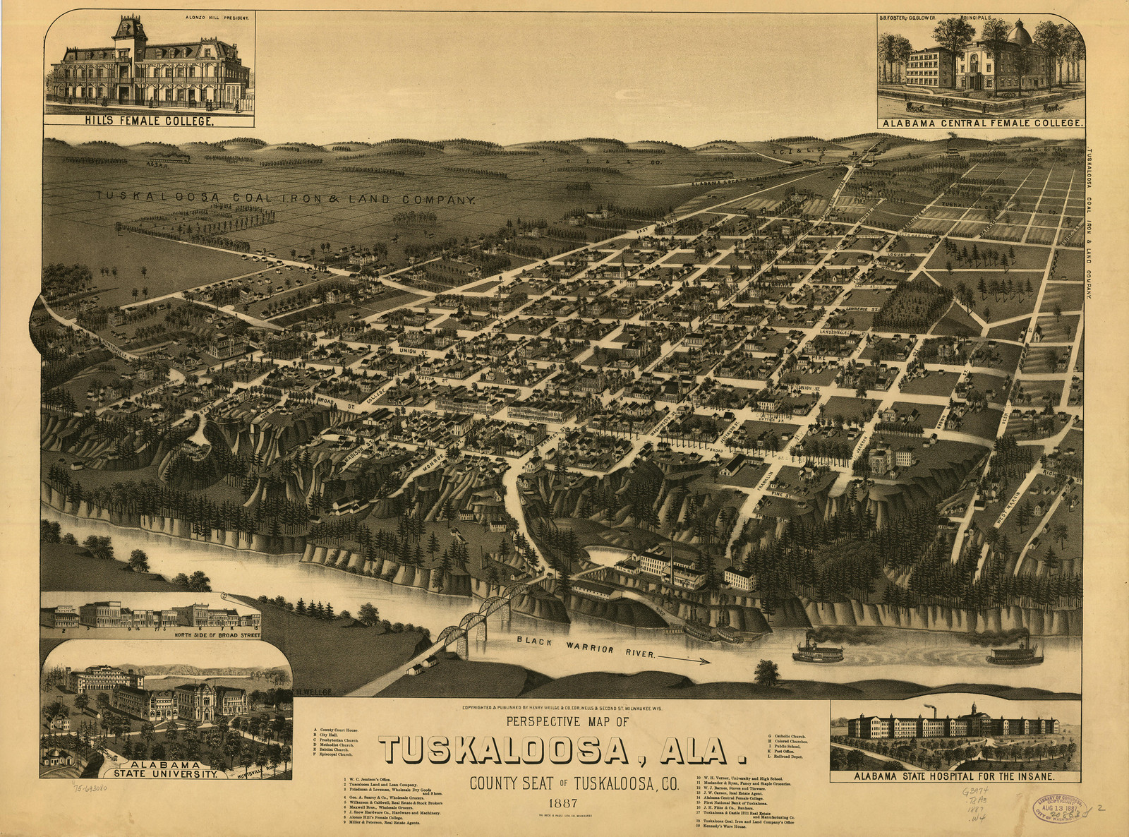 Perspective Map of Tuskaloosa, Ala., 1887 — antique map