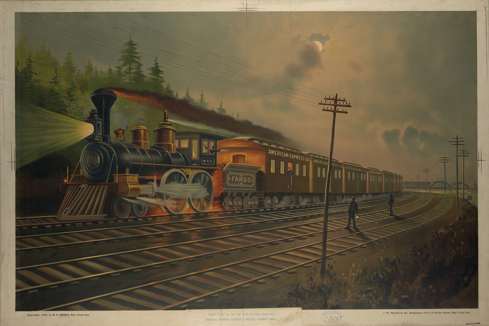 Night express train with American Express and Fargo cars — historic image