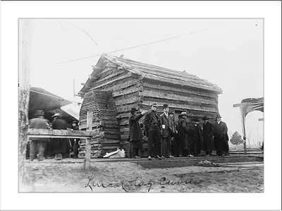 Lincoln log cabin with men in suits, handwritten caption