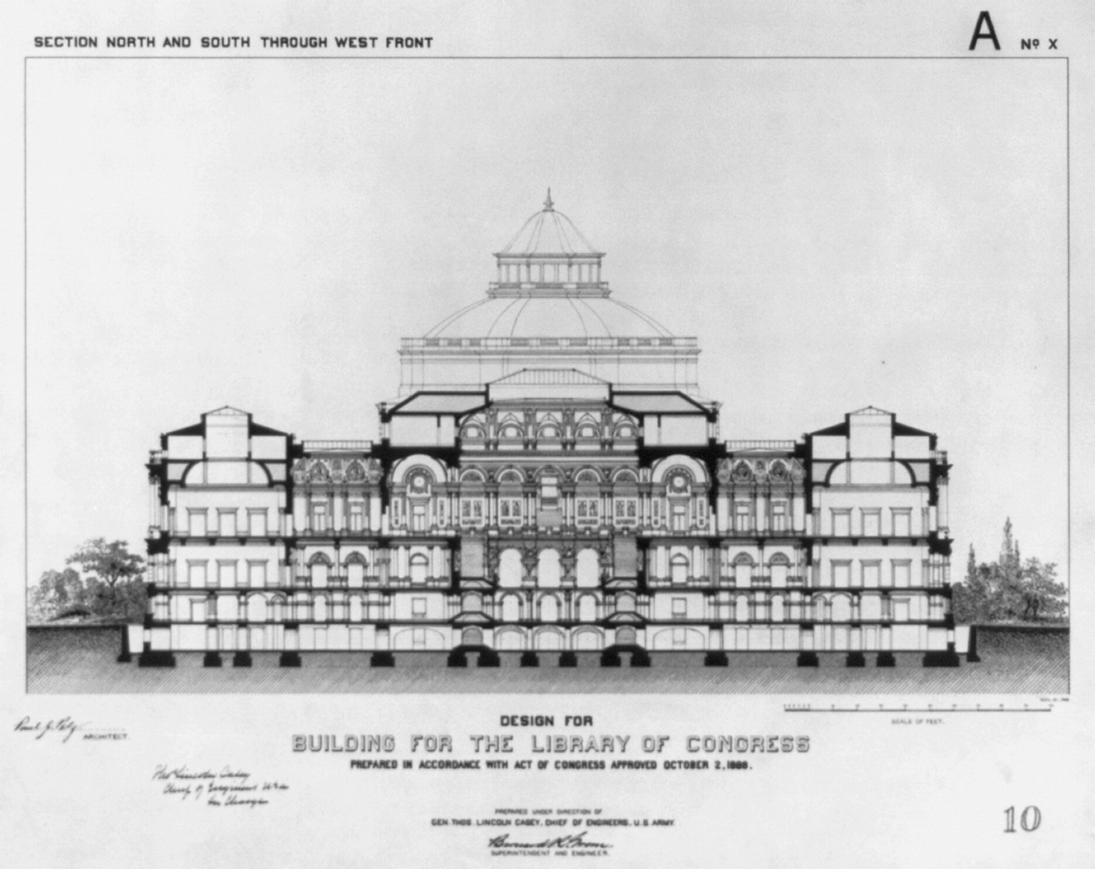 [Library of Congress, Washington, D.C. Section north and south thru west front, A series], and Engineering (ADE) Drawings" (http://www.loc.gov/rr/print/res/103_ade.html)." — historic drawing
