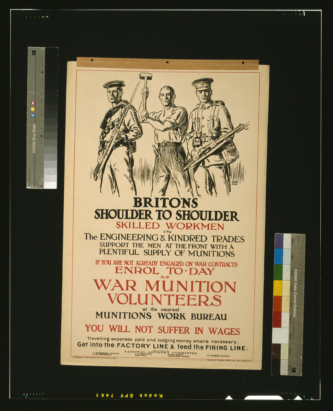 Britons, shoulder to shoulder. ... Get into the factory line & feed the firing line / Carlton Studio., [London] : Ministry of Munitions of War, [1917] — vintage poster