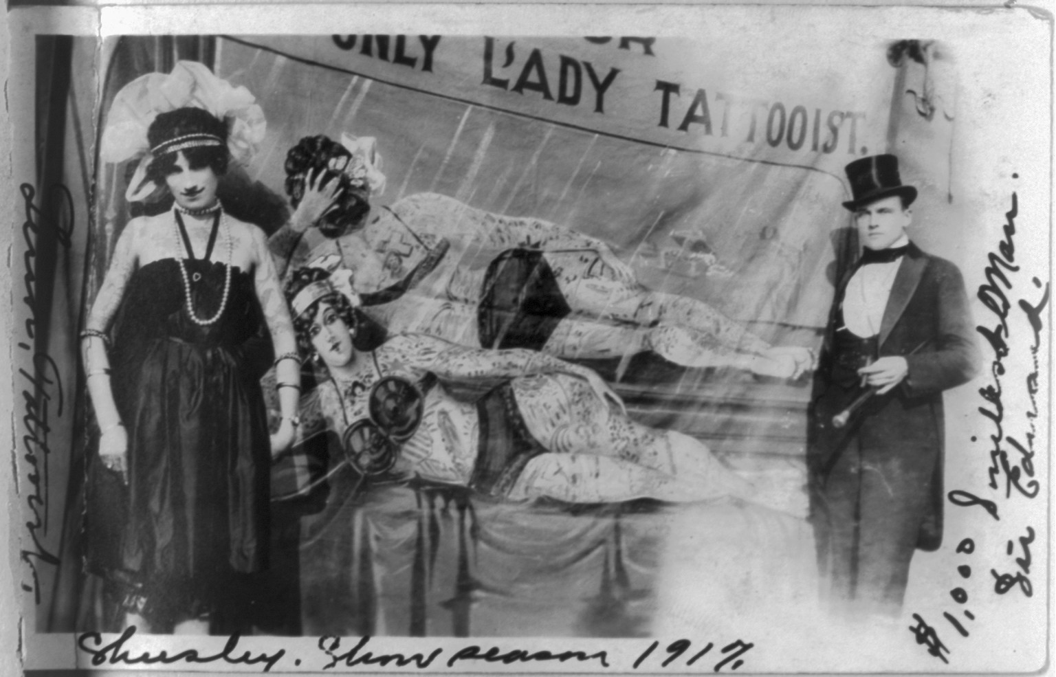 [Sideshow at carnival. The only lady tattoist" on platform]", [between ca. 1925 and 1935] — historic photograph
