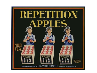 Repetition Apples crate label with three boys holding apples
