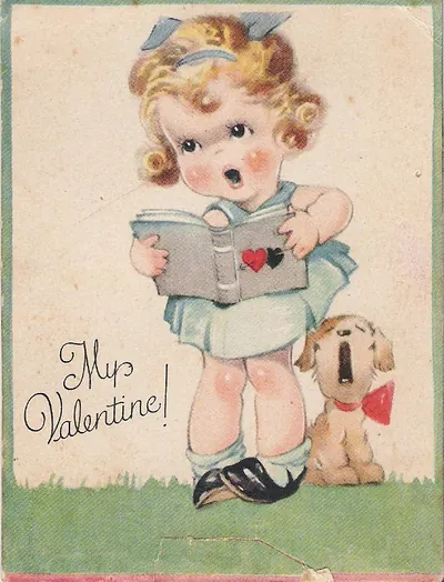 Vintage Valentine card: girl singing with a book and dog