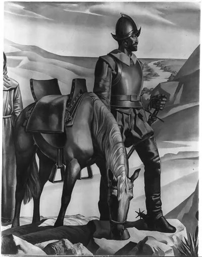 [Spanish soldier in armor with horse; exploring Southwestern U.S.]