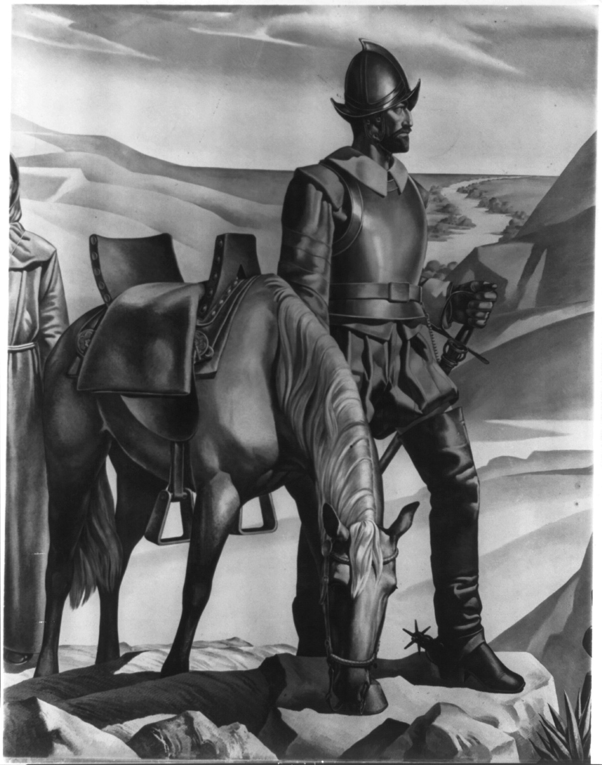 [Spanish soldier in armor with horse; exploring Southwestern U.S.] — historic photograph