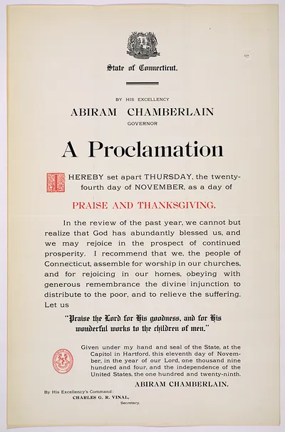 State of Connecticut Thanksgiving Proclamation, Governor Abiram Chamberlain