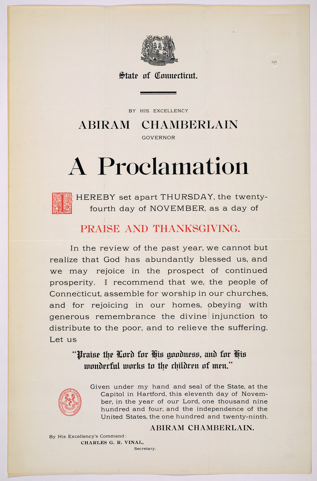 State of Connecticut Thanksgiving Proclamation, Governor Abiram Chamberlain, 1904 — historic image
