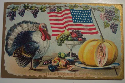 Thanksgiving Greetings postcard with turkey, flag and fruit