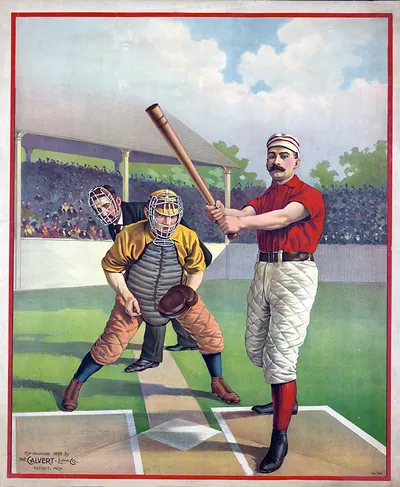 Baseball batter and catcher lithograph, Calvert Lithograph Co. 1895
